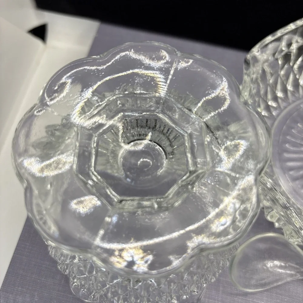 VINTAGE INDIANA GLASS‎ DIAMOND POINT 3 PC MAYO SAUCE SET IN THE BOX